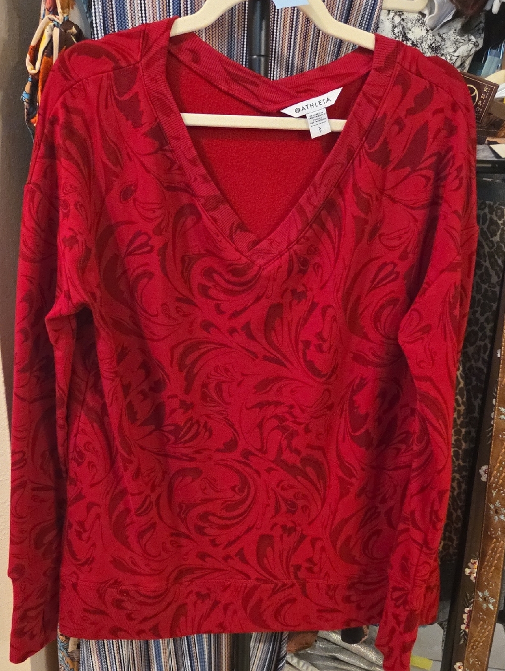 Athleta Red V-Neck Swirl-Print Top